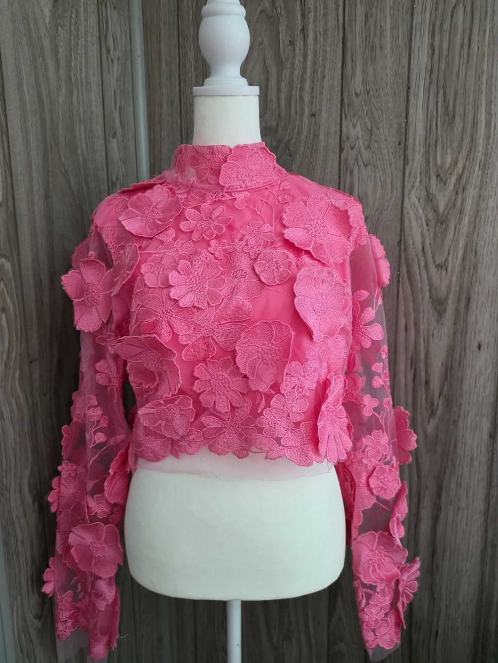 Fashion Nova Bright Pink Floral Appliqué Long-Sleeve Crop Top
